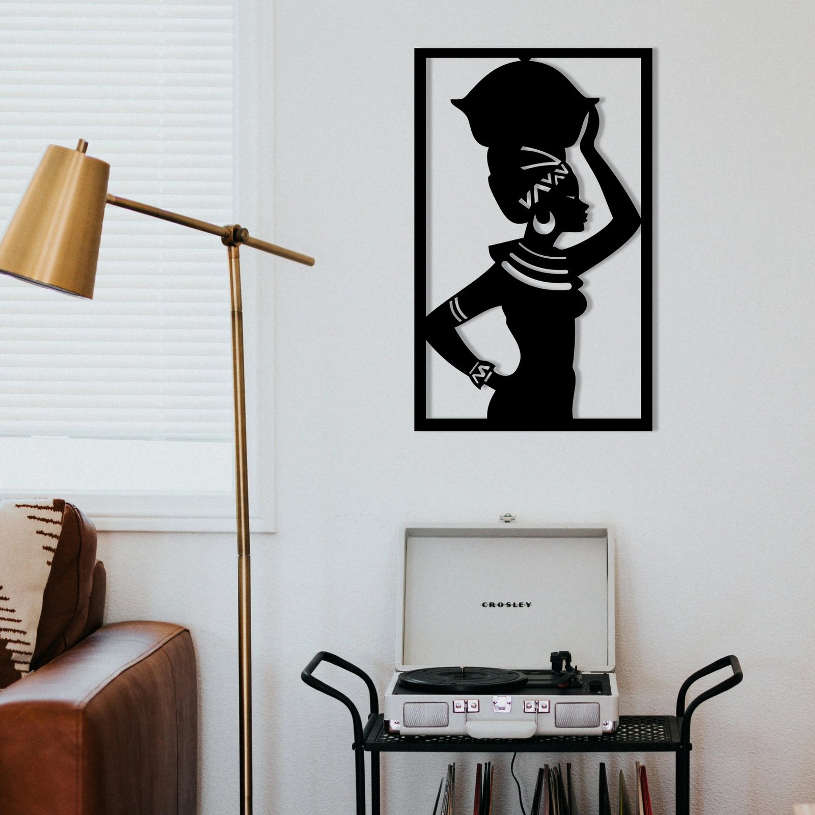 Aksesor dekorativ metalik për mur, Wallity, motiv afrikan, ngjyrë e zezë, 35x56cm