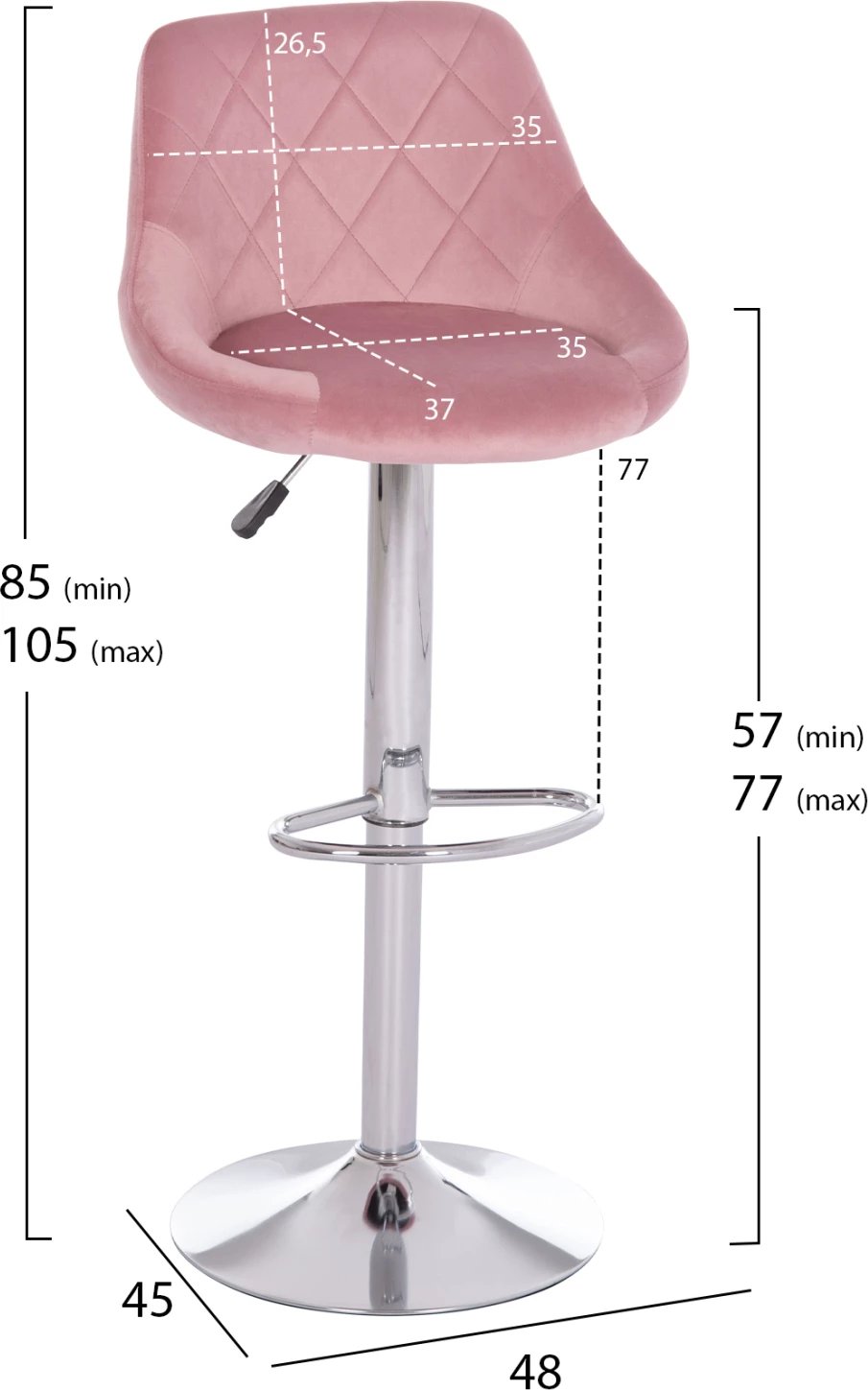 Karrige për bar ROSE, kadife rozë e zbehtë, bazë e kromuar, set prej 2 copë, 48x45x105cm