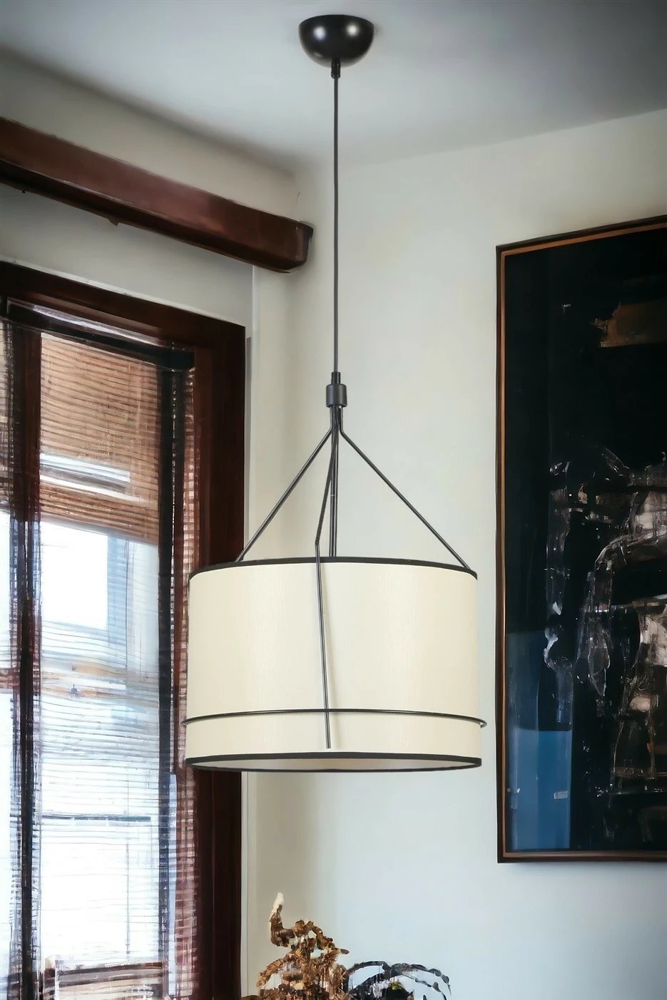 Llambë tavani Opviq, 8802-2, trup metali, kapak stofi, e zezë/krem, 40x70cm