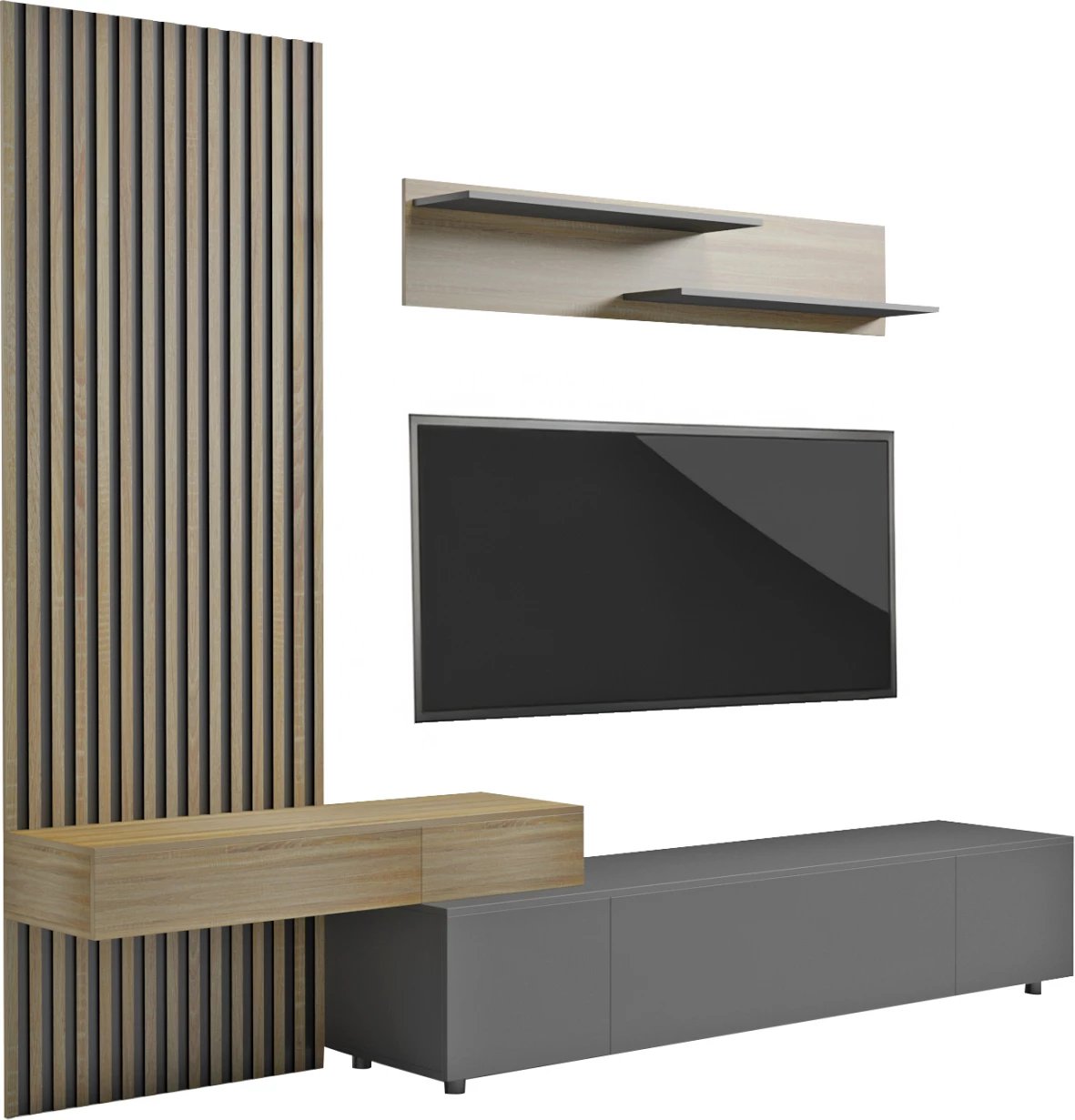 Kompleti i mobiljeve për TV DORT FH18076.02 melaminë, sonama-e zezë, 249.5x42.2x199.5H cm