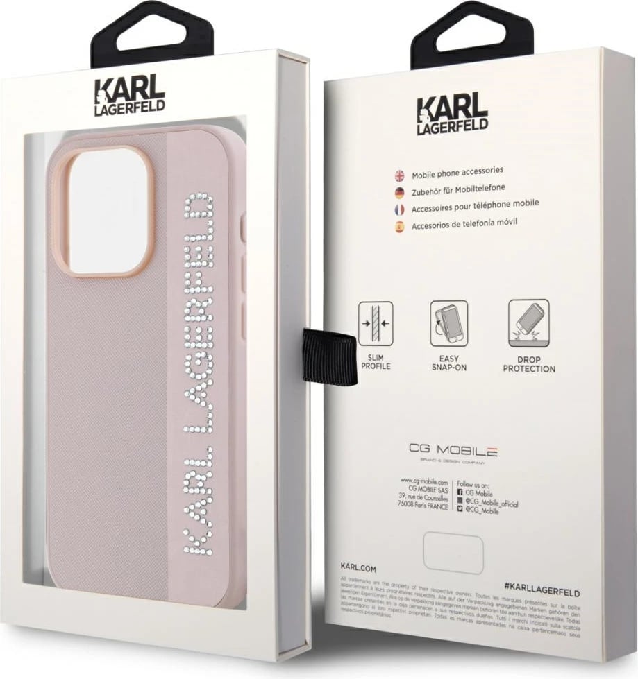 Mbështjellës Karl Lagerfeld Saffiano Rhinestones & Charm për iPhone 15 Pro, Rozë
