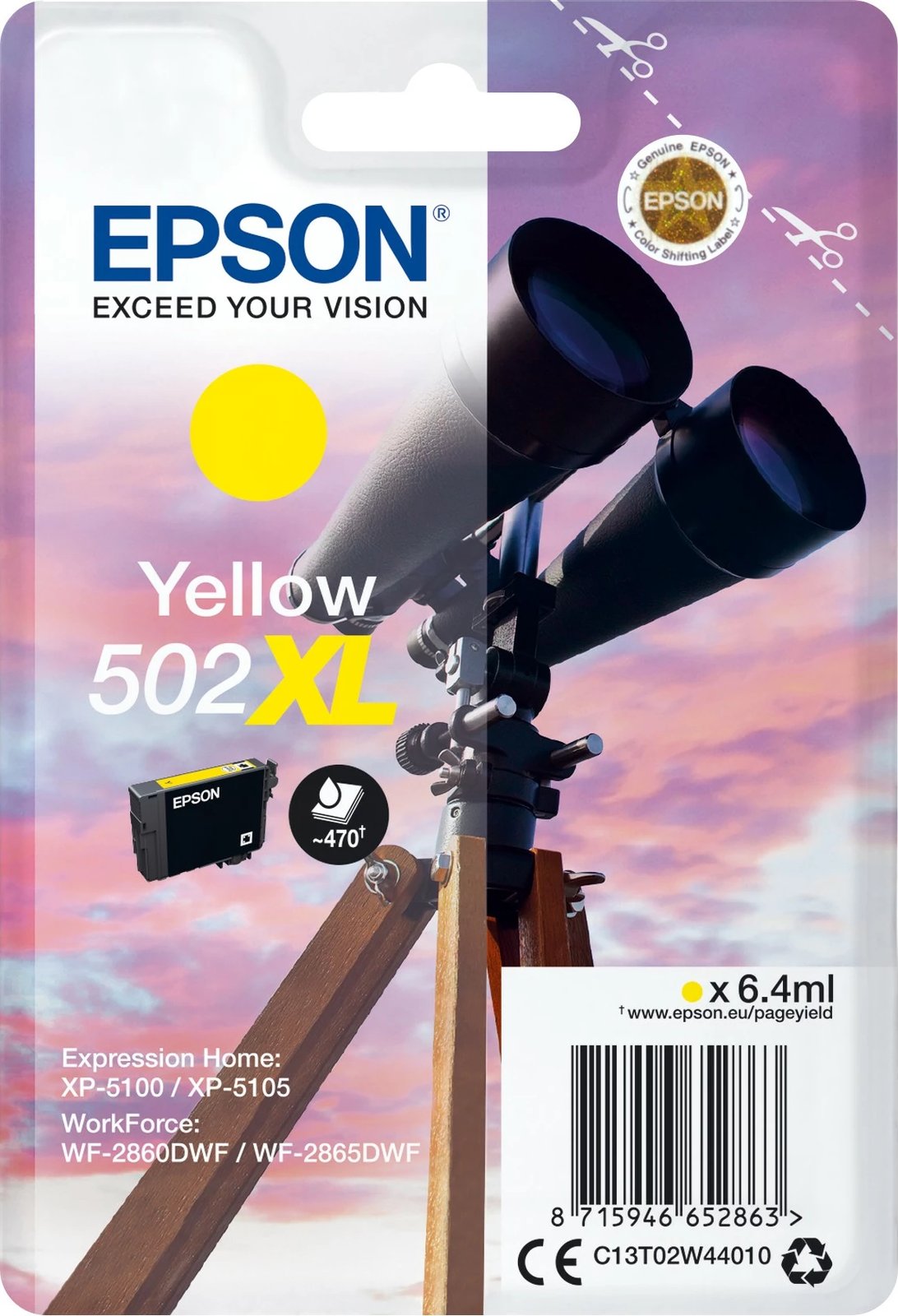 Bojë Epson 502XL, Ngjyrë Verdhë, Kapacitet i Lartë, 6.4 ml