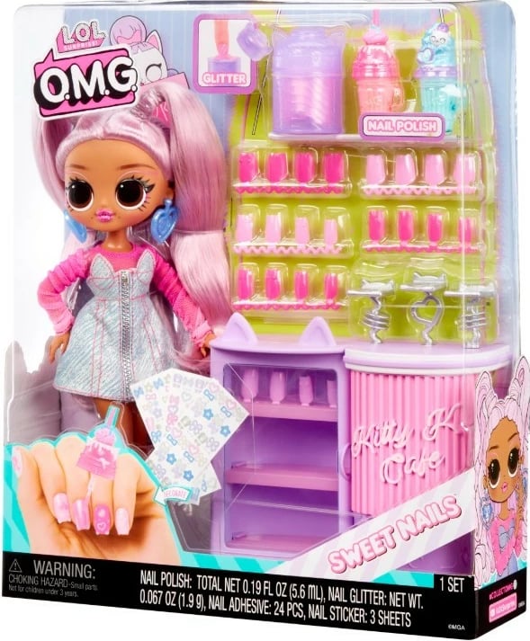 Set lodrash L.O.L. Surprise OMG Sweet Nails Kitty K Cafe me kukull dhe aksesorë për thonj, rozë