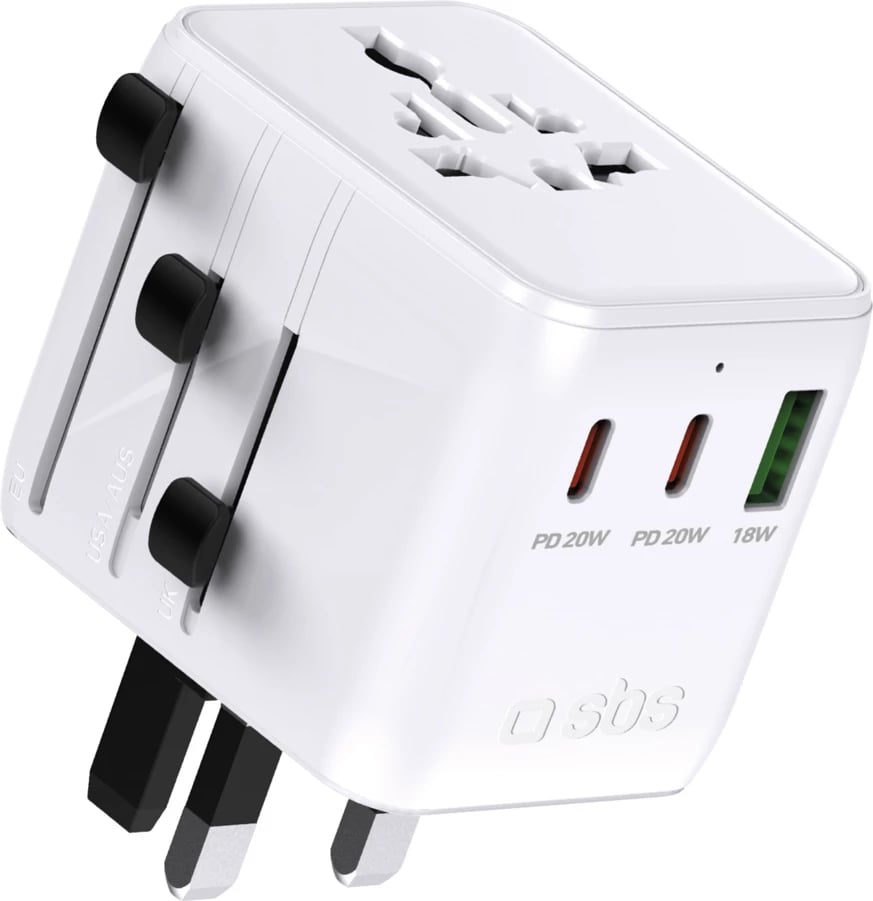 Adapter udhëtimi universal, SBS, me 2x USB-C PD 20W dhe USB-A 18W, 2500 W 10 A, priza EU/UK/US/AU/JP, e bardhë