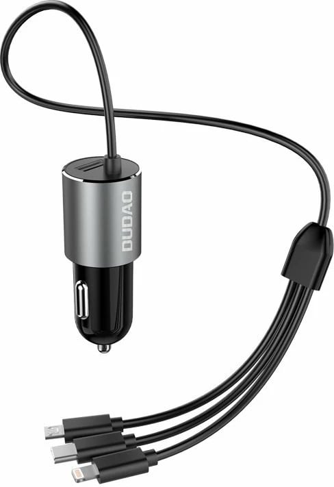 Karikues për veturë, Dudao, R5ProN, 3.4 A, USB-A 1 port, kabëll i integruar 3‑në‑1 Lightning/USB Type-C/Micro USB 1 m, e zezë