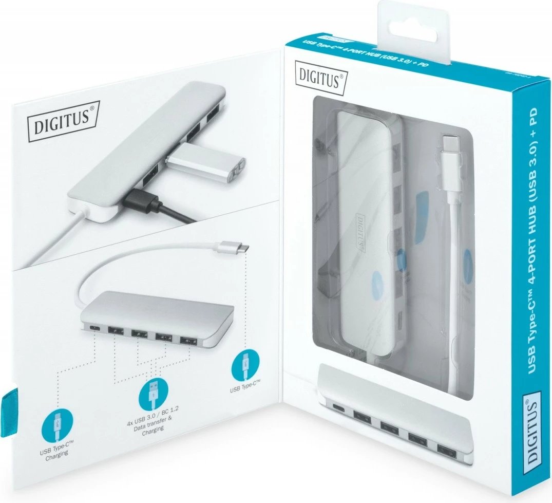 HUB USB 3.0 Digitus DA-70242-1, 4 porta, Type-C PD, alumini, argjendtë