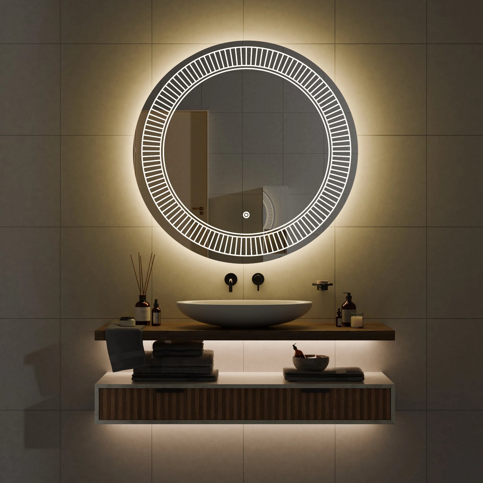 Pasqyre per banjo me LED , Pasqyre rrethore me ndriqim Modeli Diell