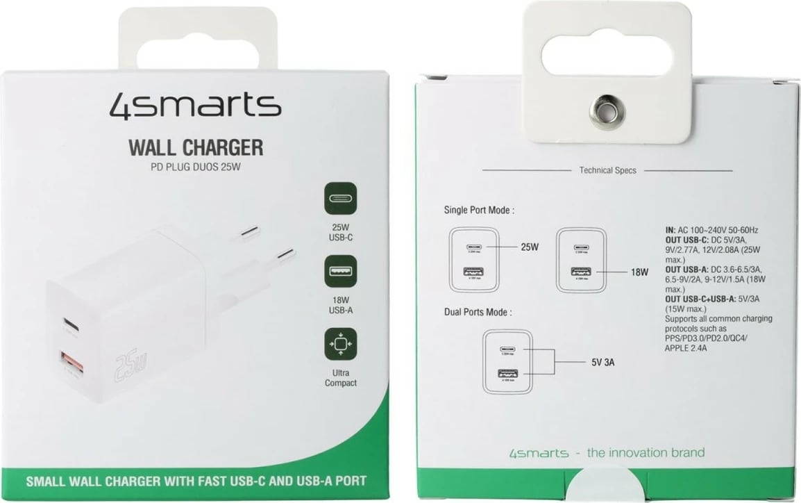 Karikues universal 4smarts 540359, 25W, Quick Charge 3.0, USB-C & USB-A, bardhë