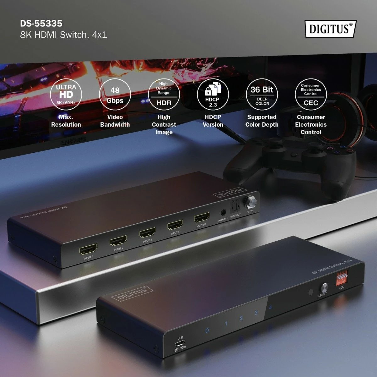 Switch HDMI Digitus DS-55335, 4x1, 8K/60Hz, me telekomandë, i zi