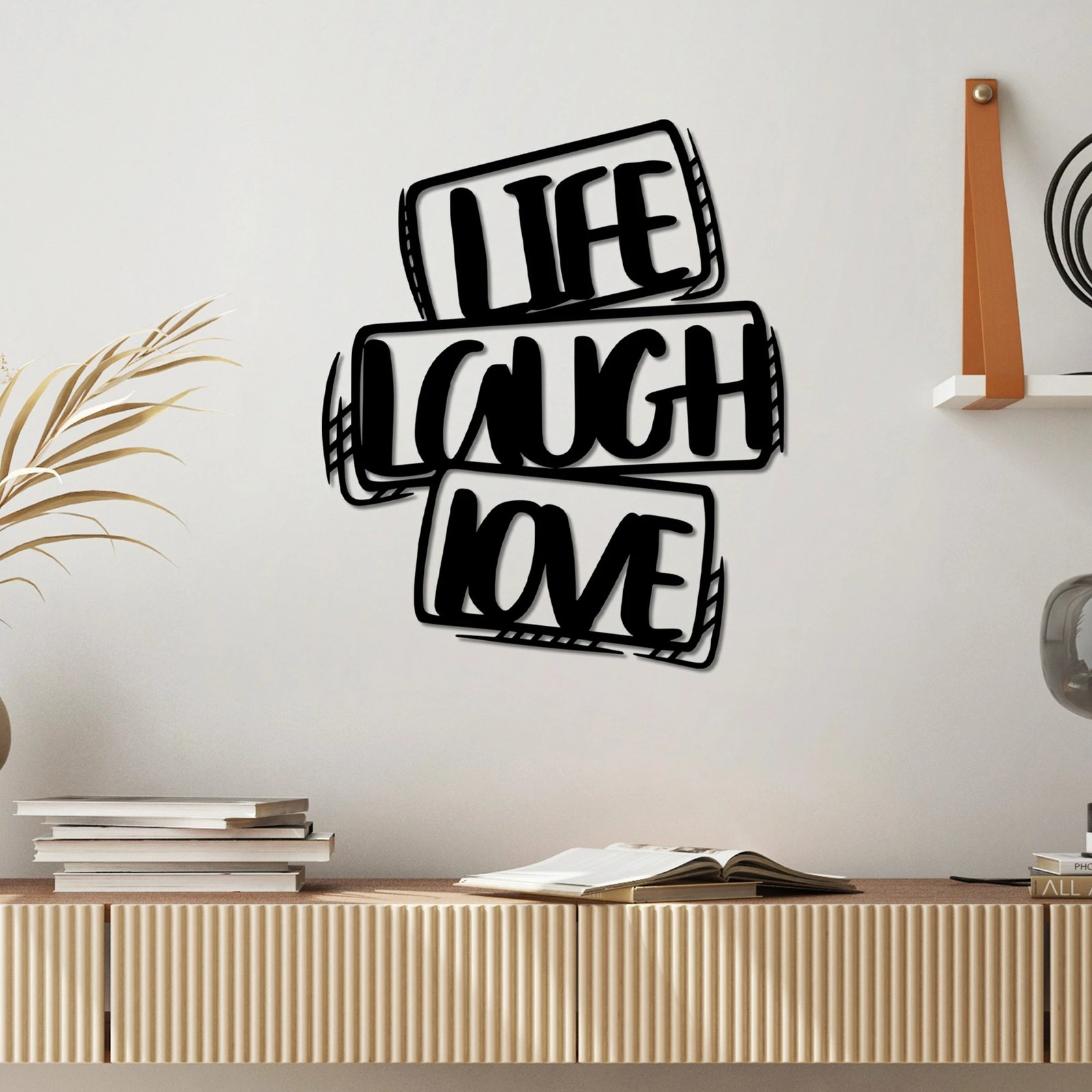 Aksesor dekorativ metalik për mur, Life Laugh Love, ngjyrë e zezë, 40x47cm