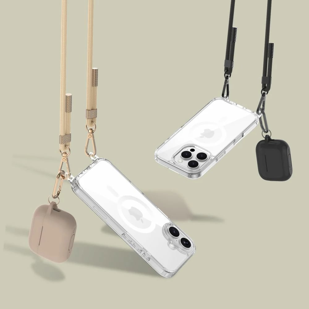 Mbështjellës Tech-Protect FlexAir Chain MagSafe për iPhone 16 Pro, Transparent + 2 litarë (i zi dhe bezhë)
