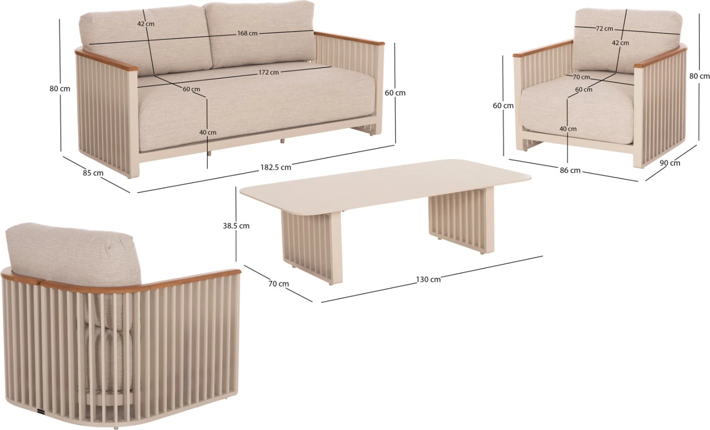 Set salloni për jashtë, 4 pjesë, kornizë alumini, ngjyrë krem, jastëkë bezhë, mbështetëse teak, tavolinë me sipërfaqe guri të sinterizuar, Candeo ETERNITY