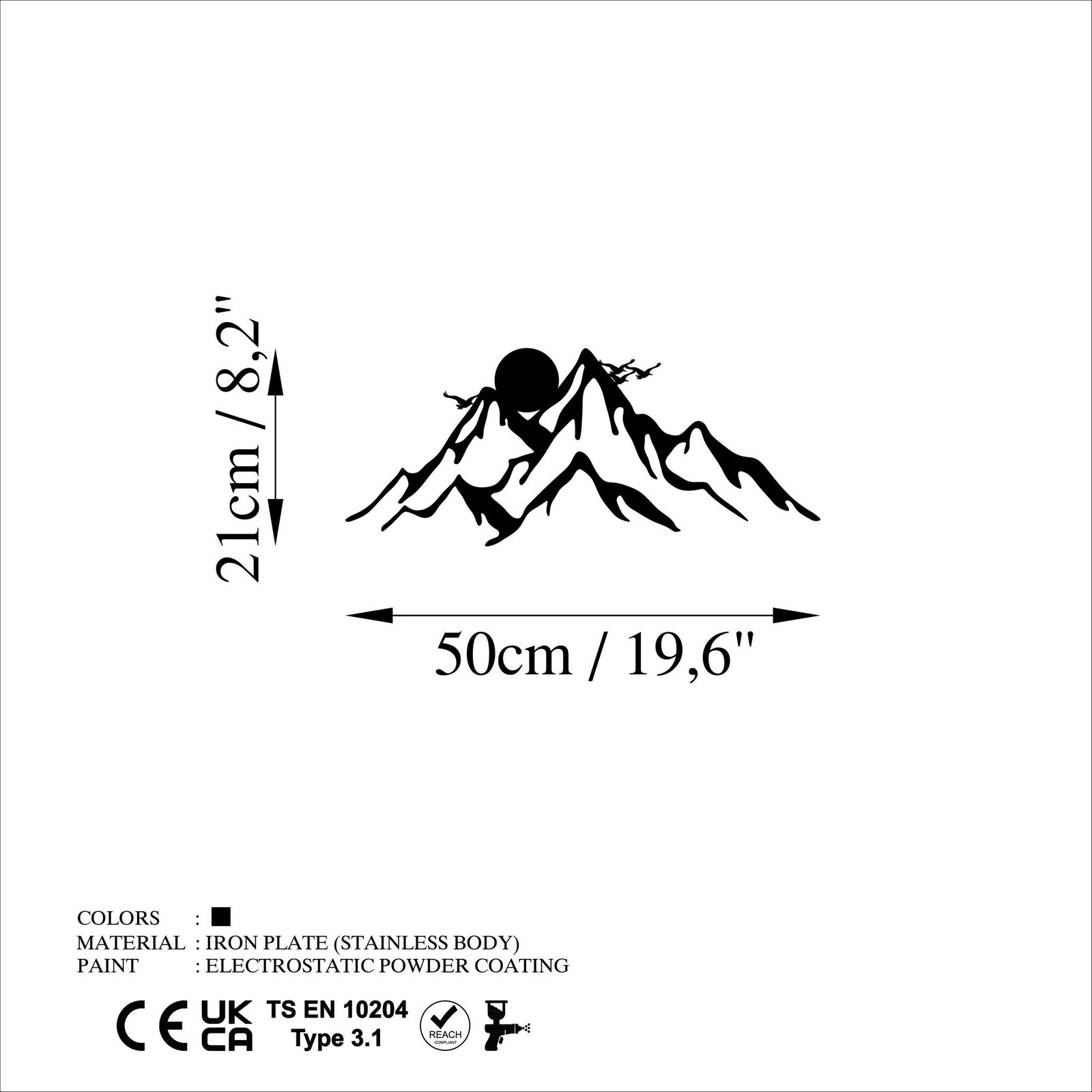 Aksesor dekorativ metalik për mur, motiv mali, Wallity, ngjyrë e zezë, 50x21cm