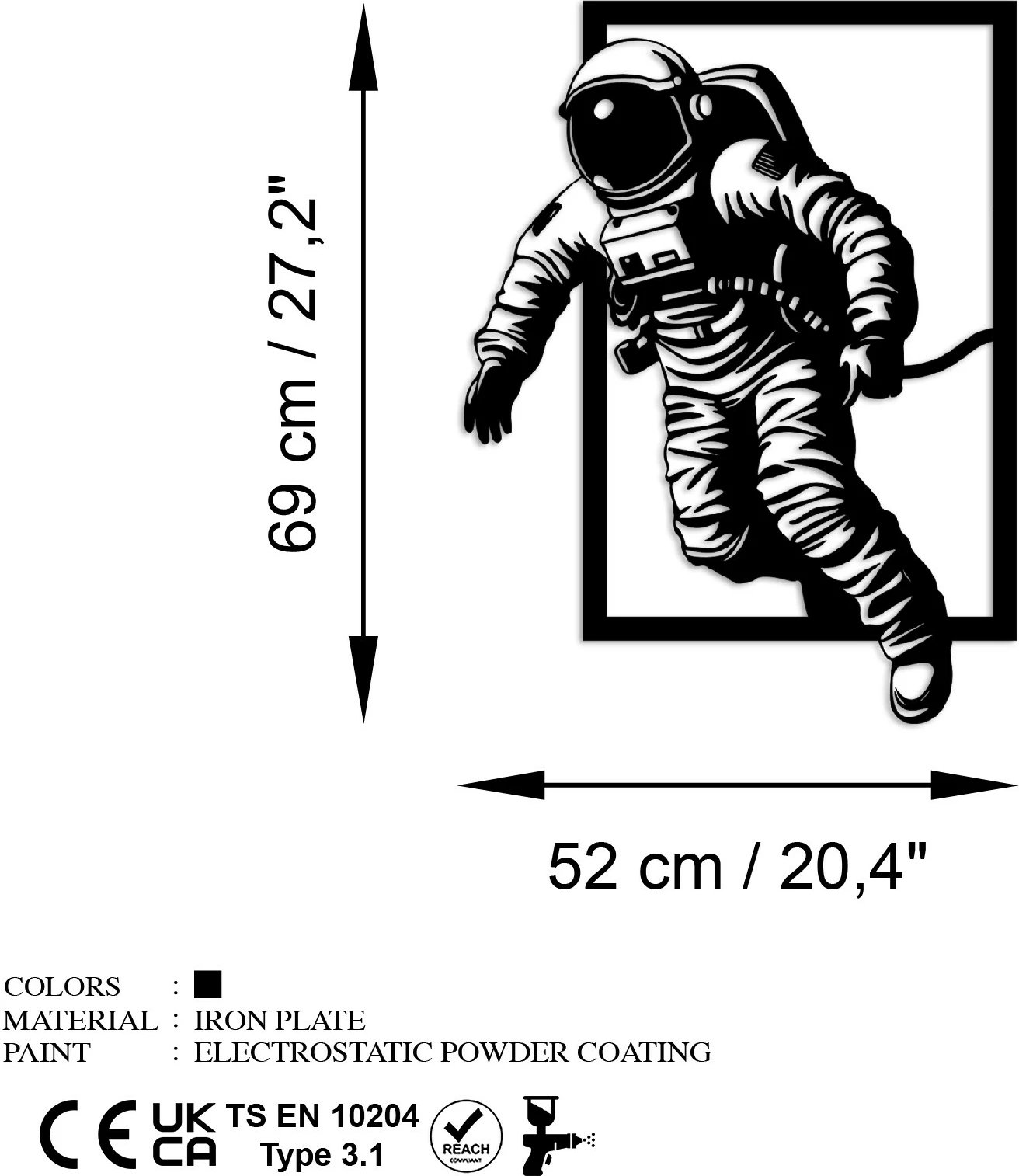Aksesor dekorativ muri prej metali, astronaut, ngjyrë e zezë, Wallity, 69x52cm