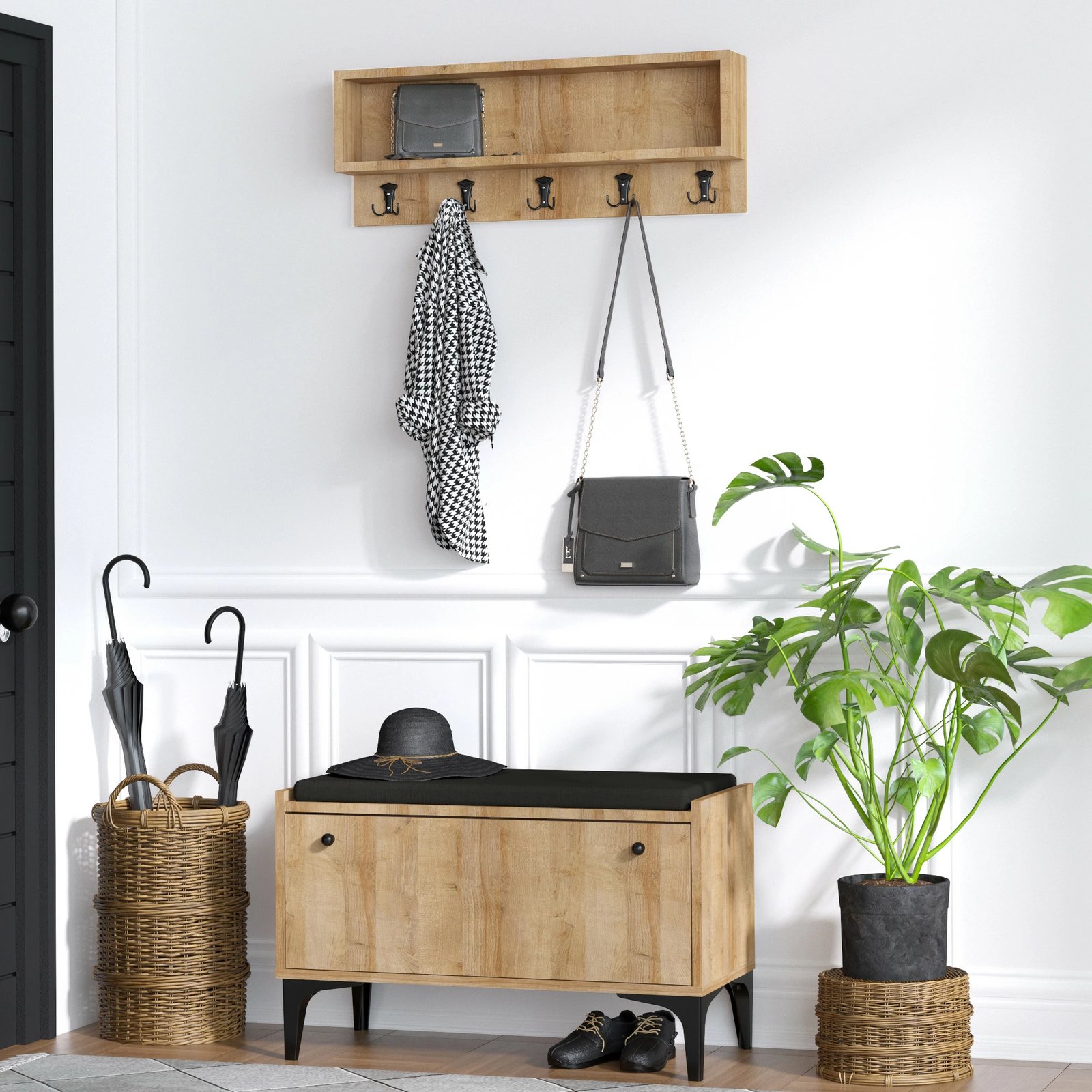 Dollap këpucësh Lena, ngjyrë lisi, me raft për xhaketa