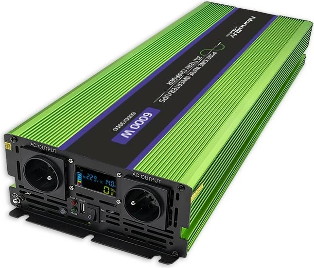 Konvertues voltazhi Qoltec Monolith 51945, 12V në 230V, 3000W/6000W, valë e pastër, LCD, Gjelbër