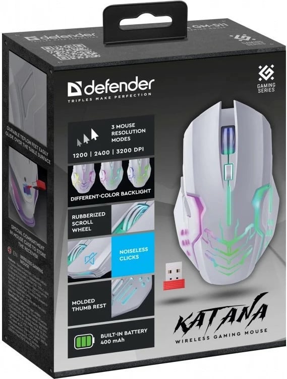 Maus gaming pa tela, Defender Katana GM-511 1200–3200 DPI, 5 butona, RGB, 10 m, i bardhë