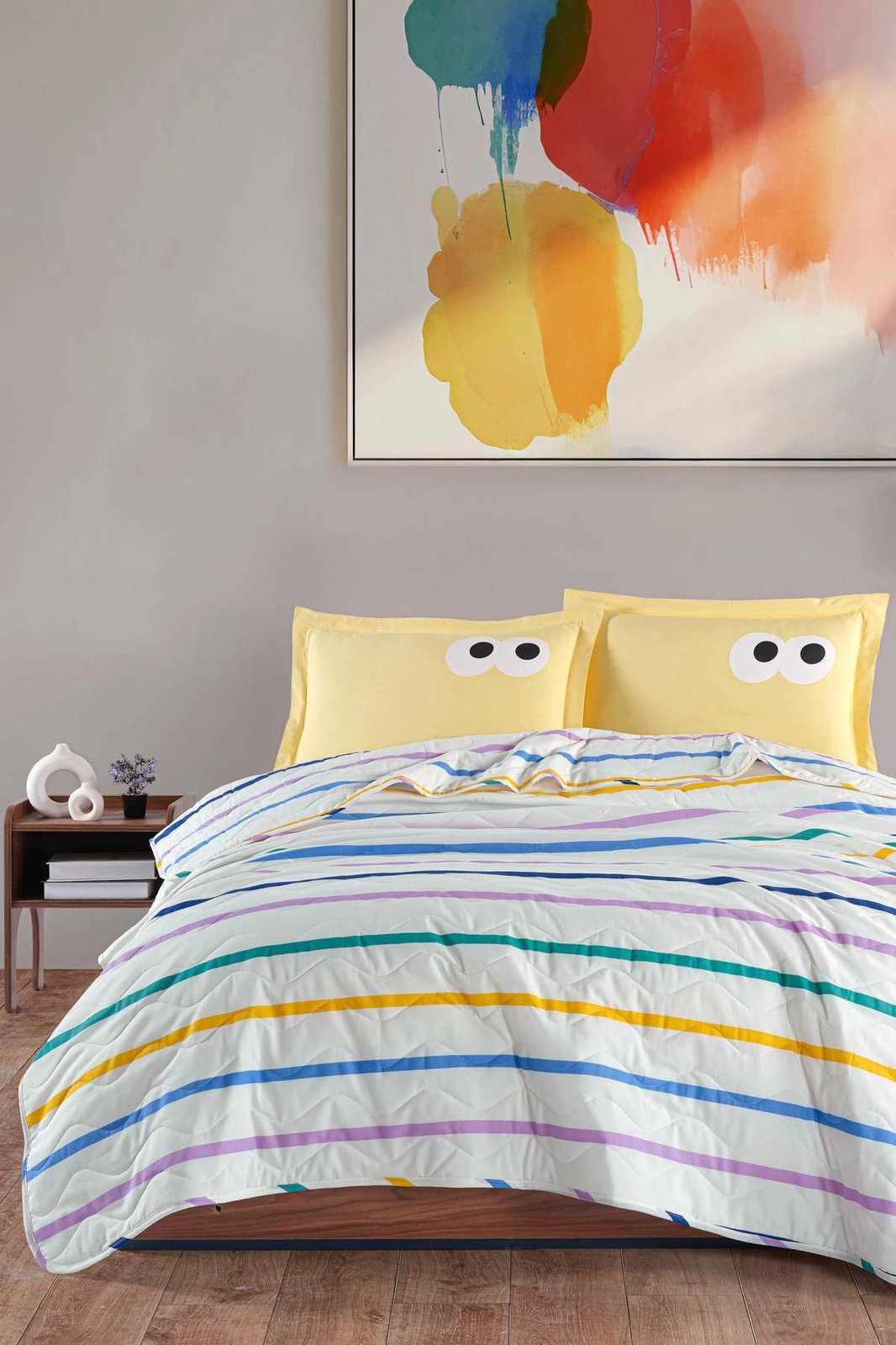 Set mbulesë krevati king, i qepur, Funny, ngjyrë e verdhë, L'essentiel