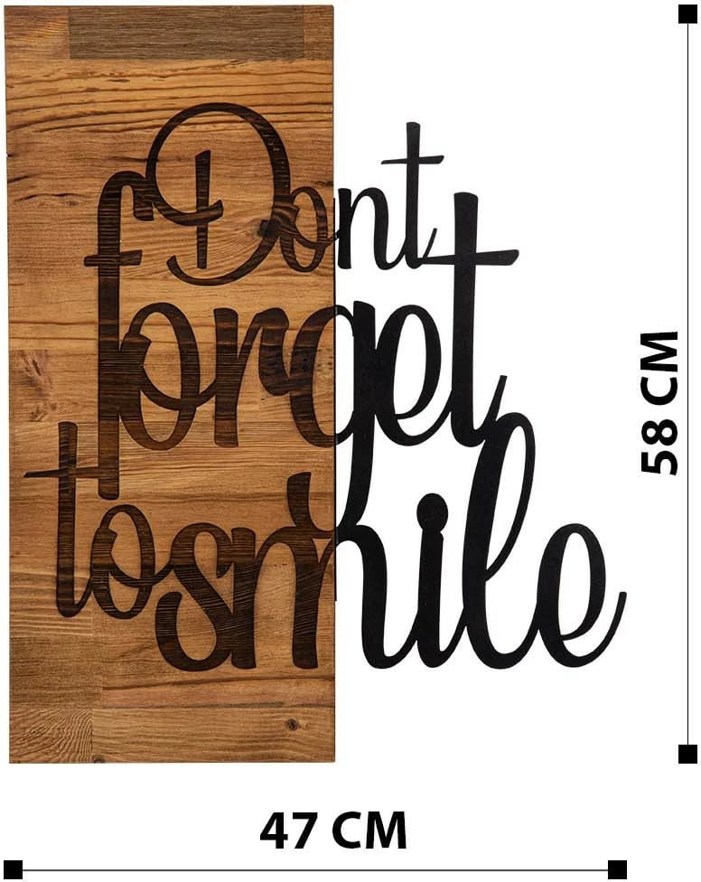 Aksesor dekorativ për mur, dru dhe metal, ngjyrë e zezë dhe arre, Wallity, Dont Forget To Smile, 47x58cm