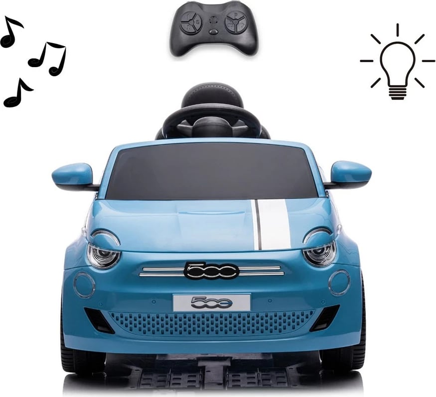 makinë elektrike për fëmijë, Milly Mally, Fiat 500e, 12V dy motorë 390, 3 shpejtësi 3–6 km/h, telekomandë prindërore, USB Bluetooth LED, blu