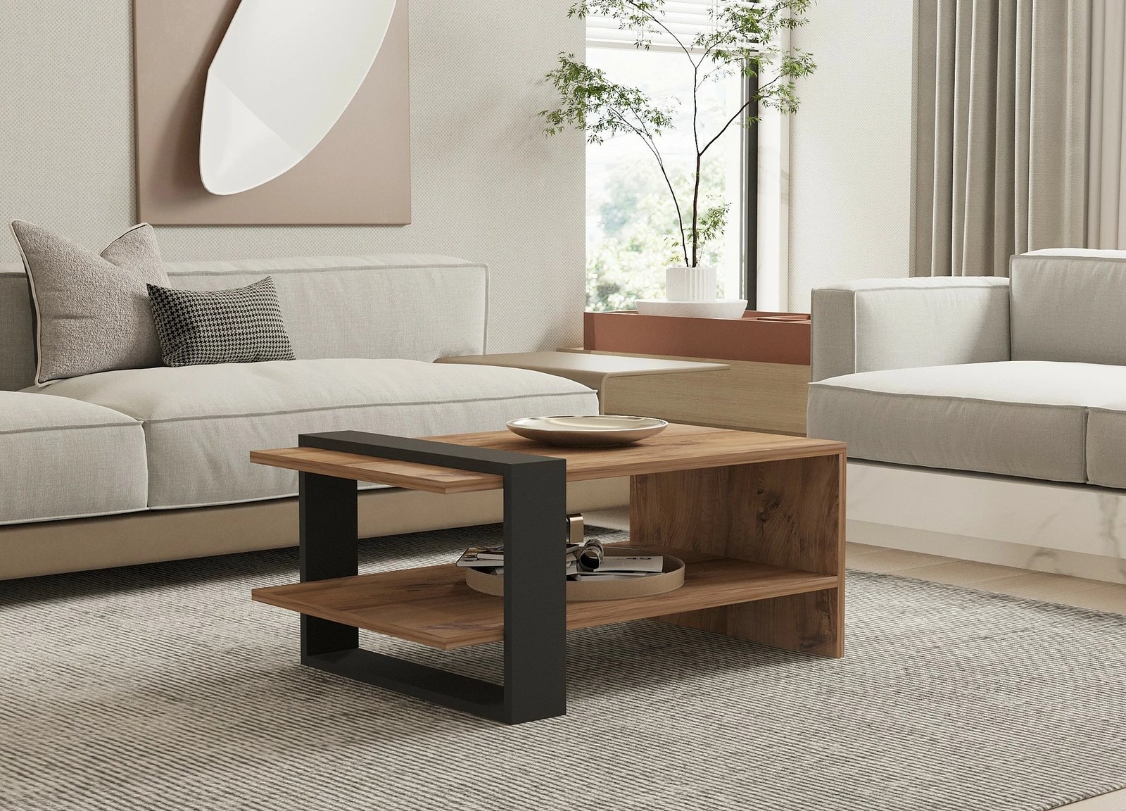 Tavolinë kafeje Hanah Home, Ova, dy nivele, ngjyrë lis dhe antracit