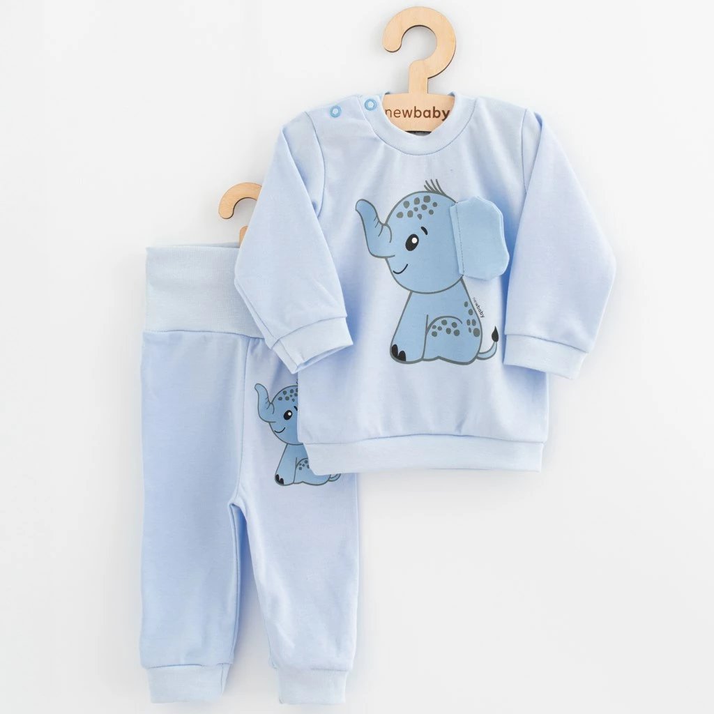 Set bebe dy pjesësh, New Baby Happy Elephant, bluzë me mëngë të gjata + pantallona dresa, 100% pambuk, madhësi 80 (9–12m), blu