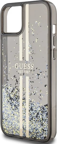 Mbështjellës Guess Liquid Glitter Gold Stripes për iPhone 15 Plus / 14 Plus, e zezë