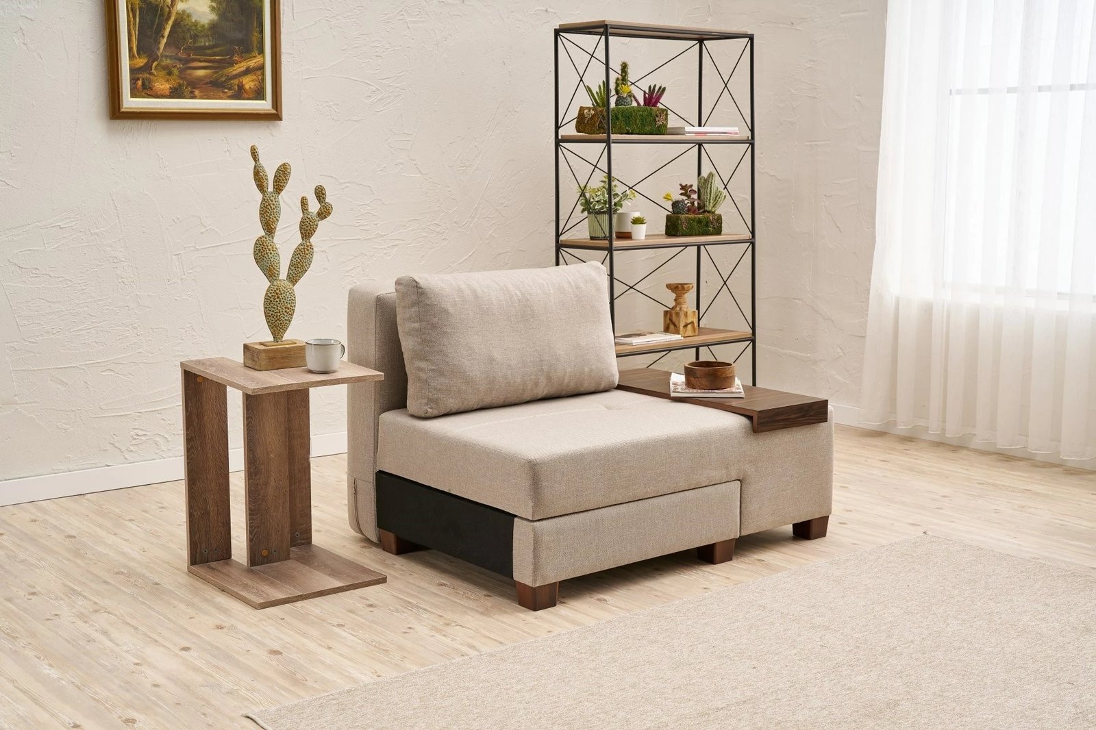 Krevat-sofa një vendësh, liri krem, Perenna, kënd i djathtë