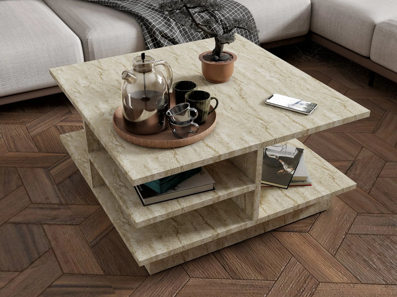 Tavolinë kafeje Skye Decor, ngjyrë travertin, Skull