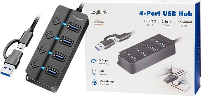 USB hub LogiLink UA0419, 4x USB-A, Gen1, me 4 ndezës individual, e zezë