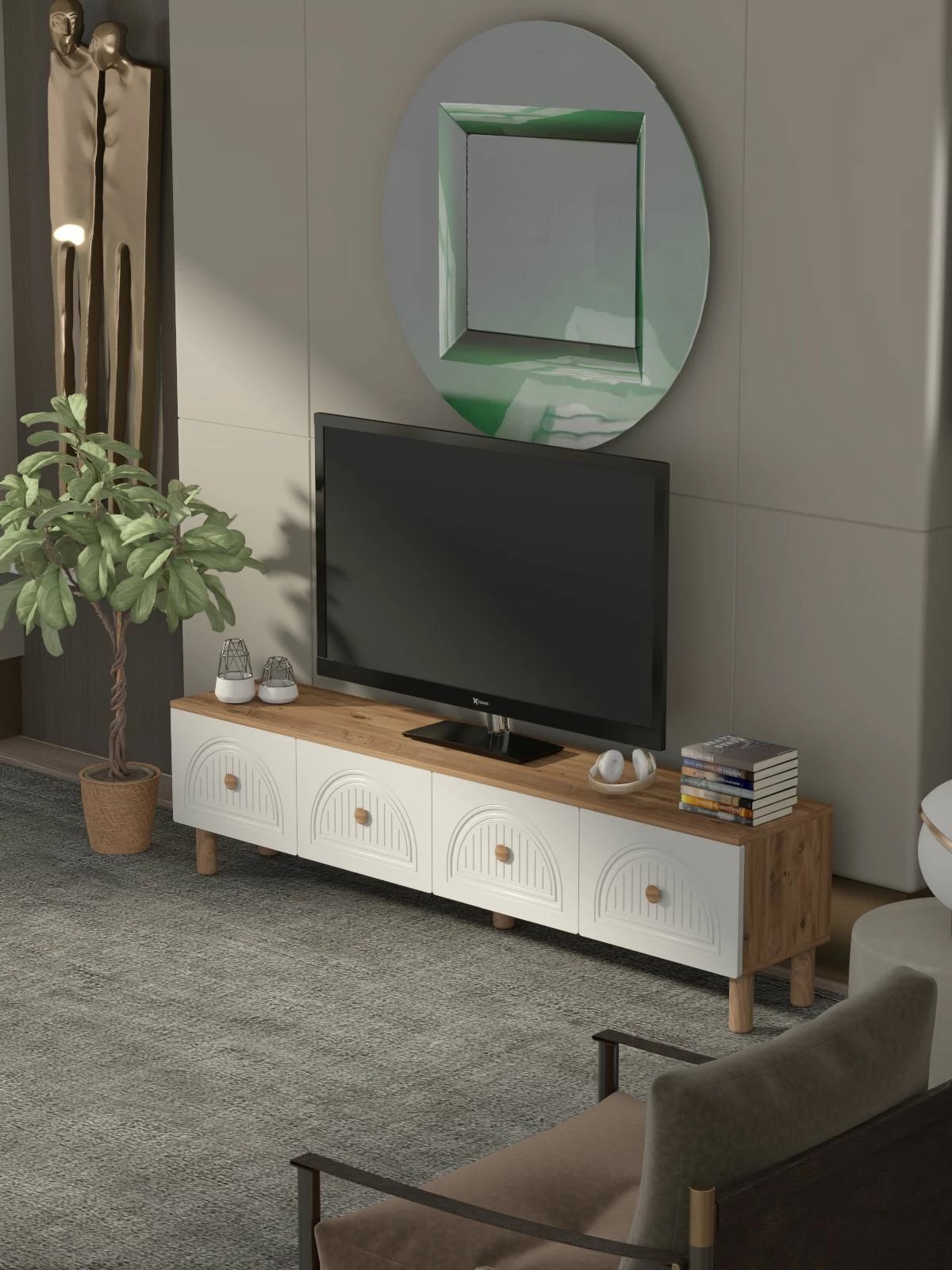 Komodë për TV Skye Decor, Arcera, ngjyrë pishë Atlantike dhe e bardhë