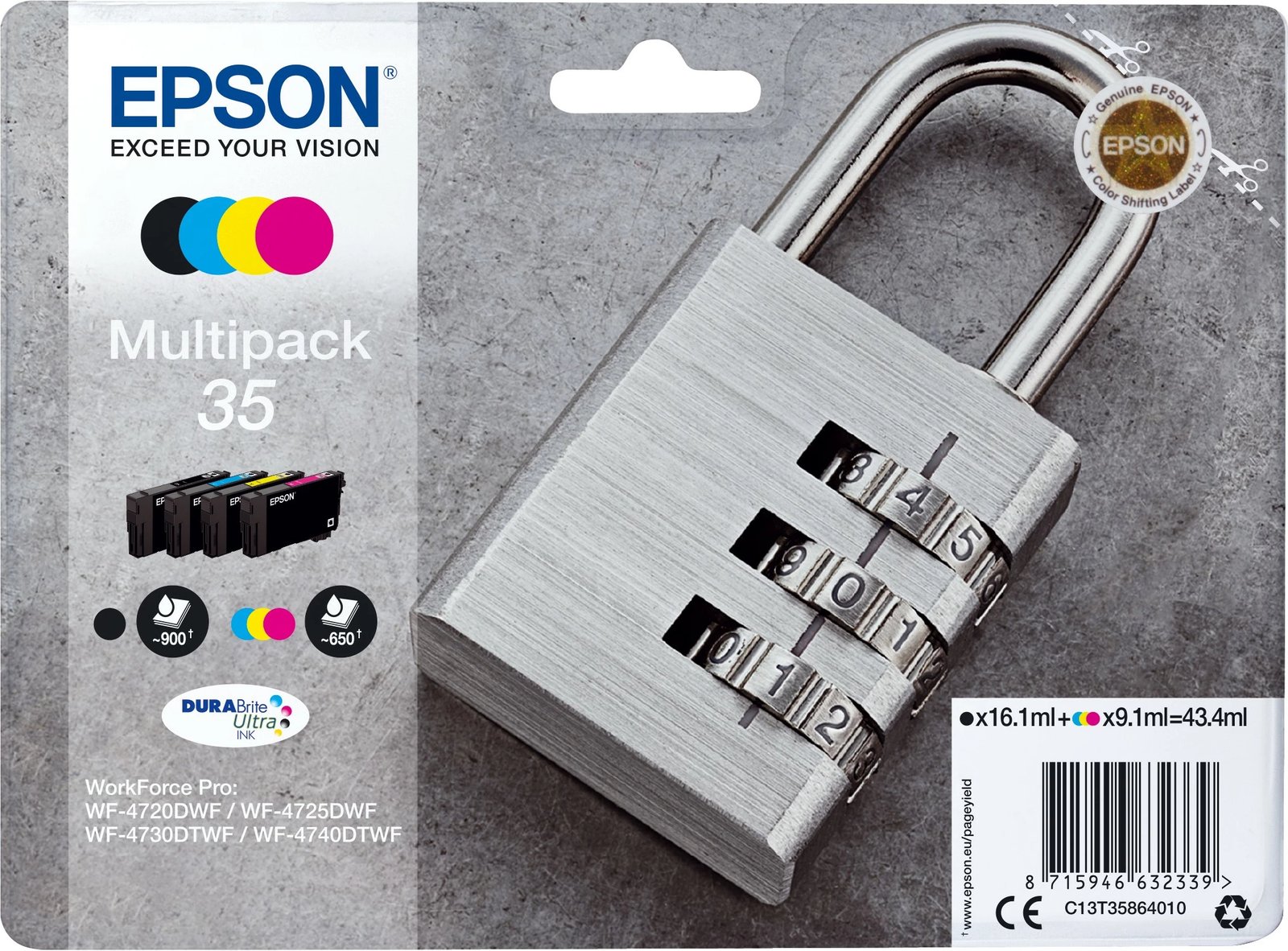 Multipak bojë Epson DURABrite Ultra 35, 4 ngjyra, Standard Yield, e zezë, cian, magenta, e verdhë