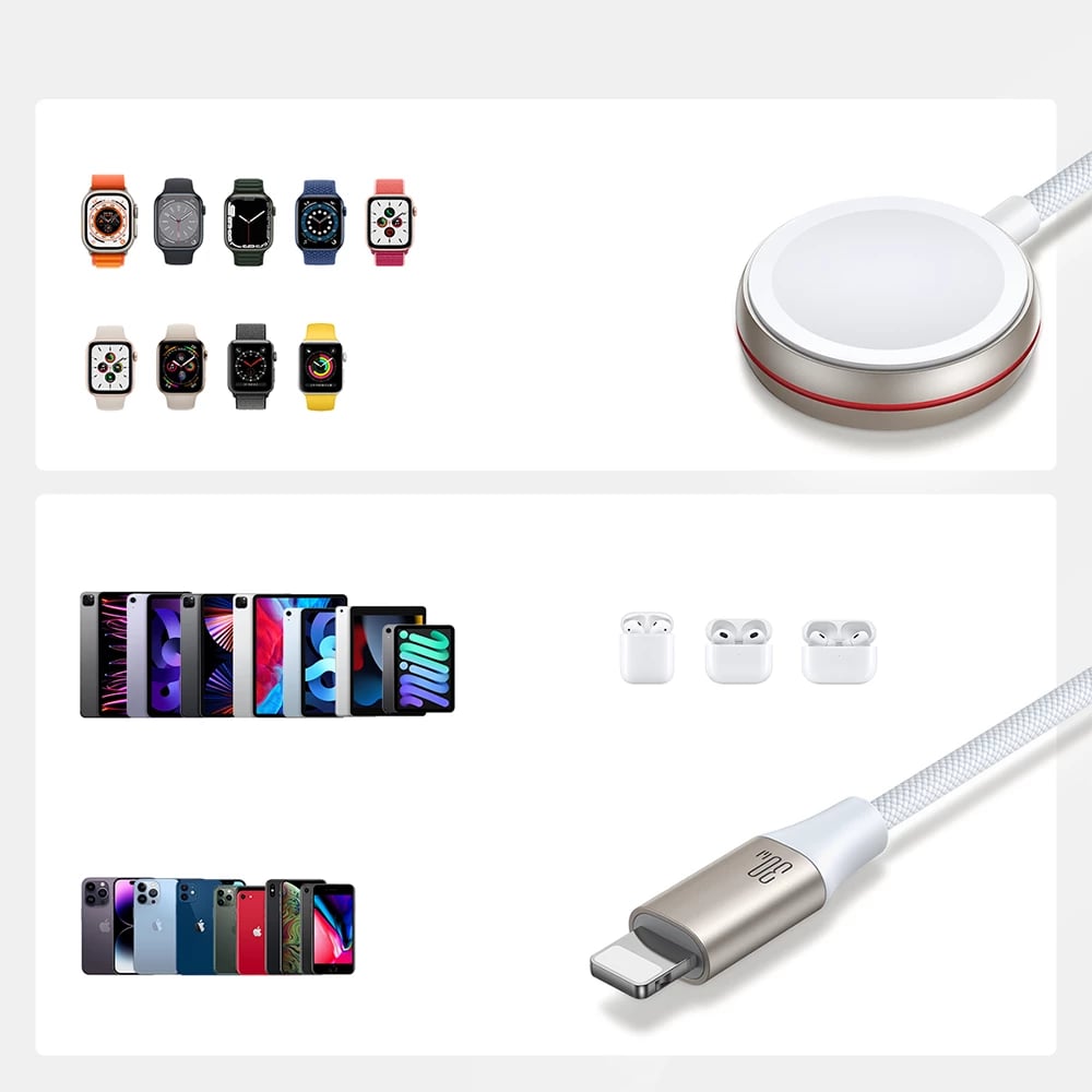 Kabllo dhe karikues induktiv 2-në-1 Joyroom S-IW012, Lightning + për Apple Watch, 1.5m, Bardhë