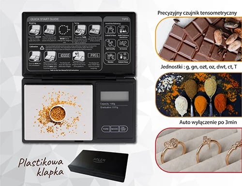 Peshore precize, Adler, AD 3176, kapacitet 100 g / saktësi 0.01 g, ekran LCD me ndriçim, e zezë