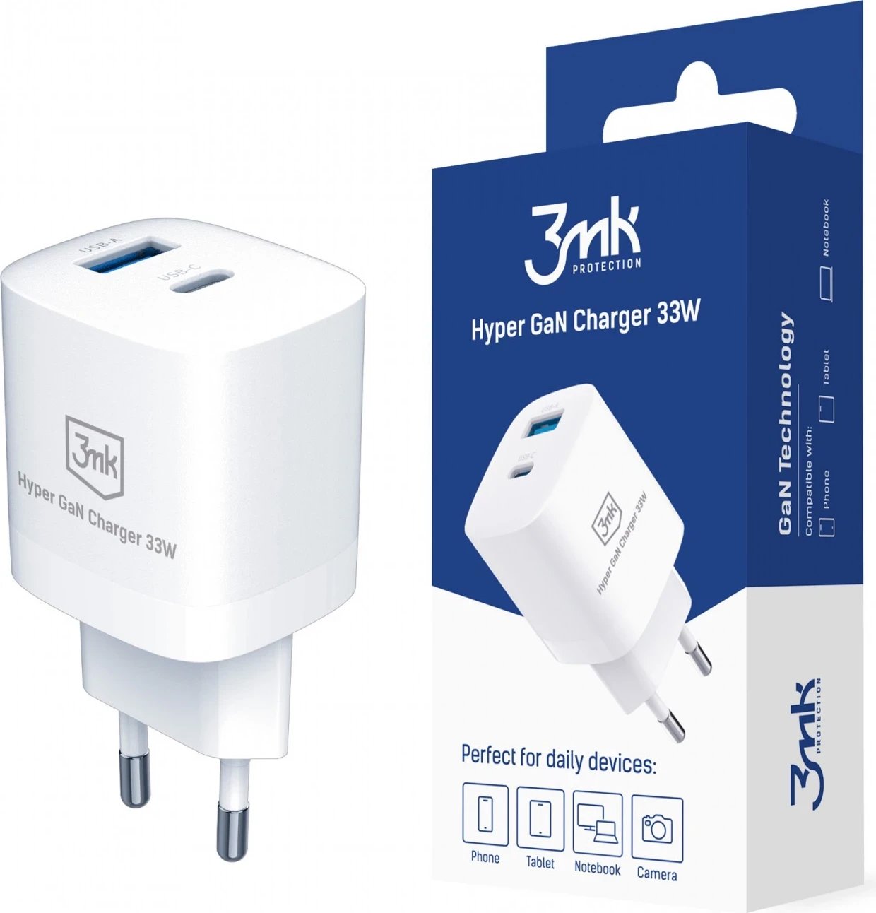 Karikues USB-A/USB-C, 3MK Hyper GaN, 33W, i bardhë 