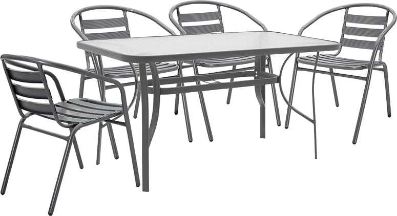 Tavolinë me karrige Ensure-Tade, metal-xham, ngjyrë gri e errët, 140x80x70cm, 5 copë