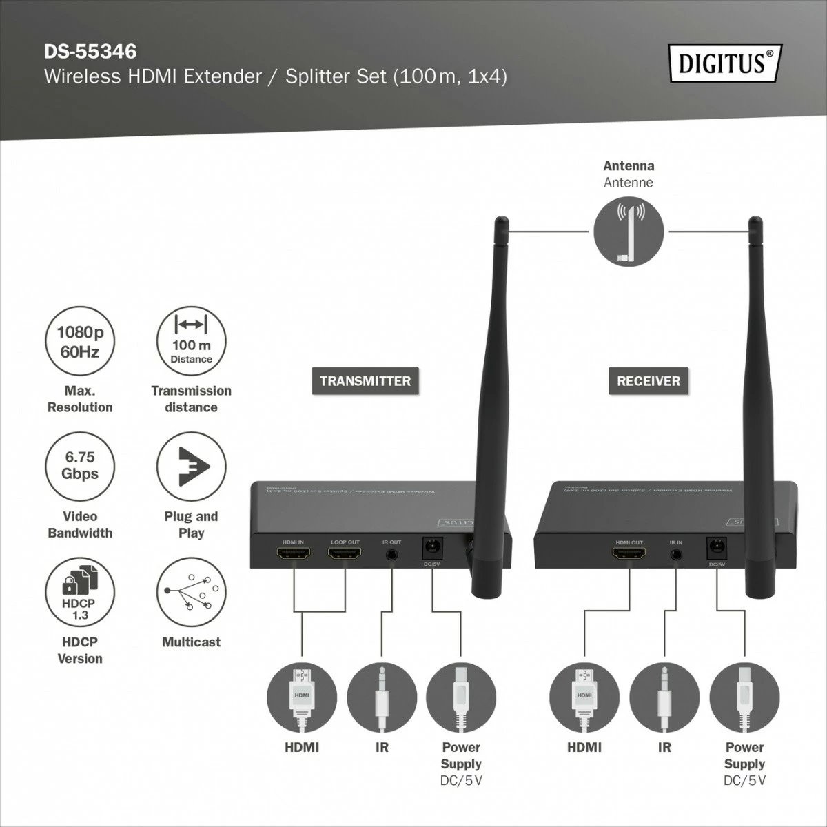 Set wireless HDMI extender Digitus DS-55346, 100m, 1080p, 60Hz, i zi