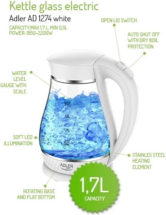Çajnik elektrik, Adler AD 1274, 1.7L, 2200W, xhami, ndriçim LED, i bardhë