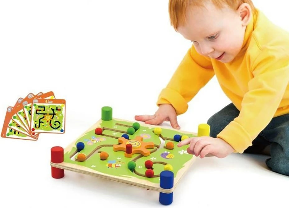 lojë labirint druri, Viga, Maze, me ingranazh rrotullues dhe 12 kunja, 30x30x7.5 cm, 3+ vjeç, multicolor