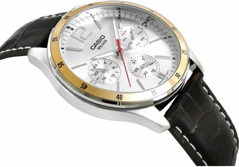 Orë dore për meshkuj Casio, argjendtë e arit me rrip kafe