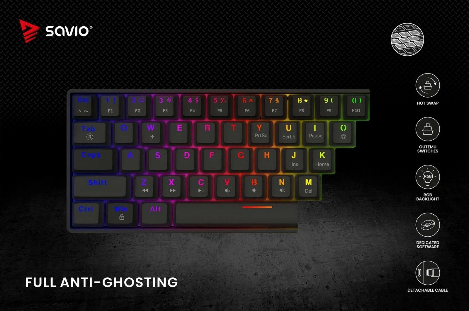 Tastierë mekanike Savio Blackout X2, OUTEMU Red, 60%, me ndriçim ARGB, e zezë