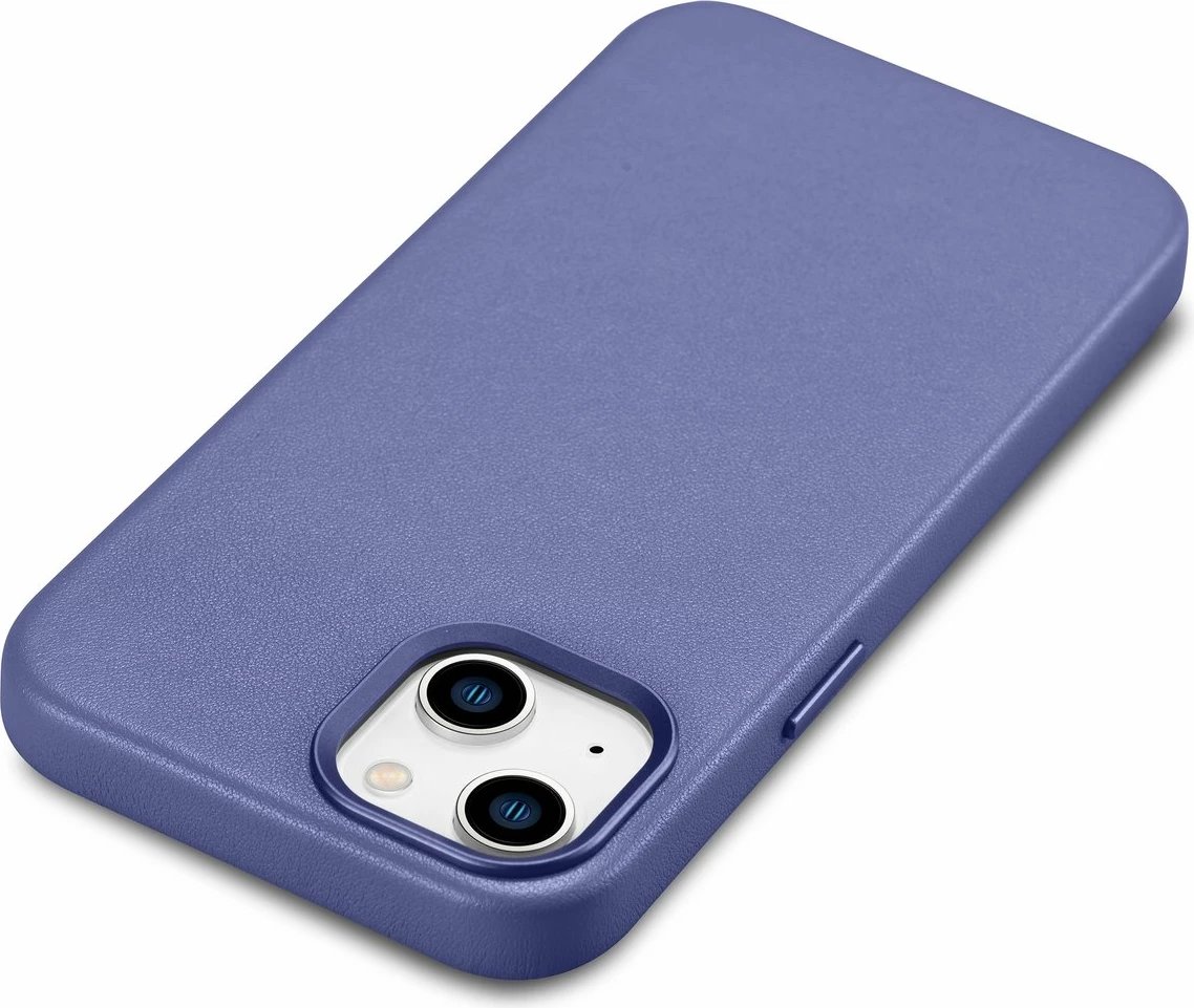 Mbështjellës iCarer për iPhone 14, lëkurë natyrale, MagSafe, vjollcë e çelët
