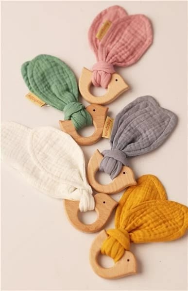 Kafshues bebe me muslin, New Baby, Bird, 12x10 cm, 100% pambuk organik + 100% dru ahu, gri