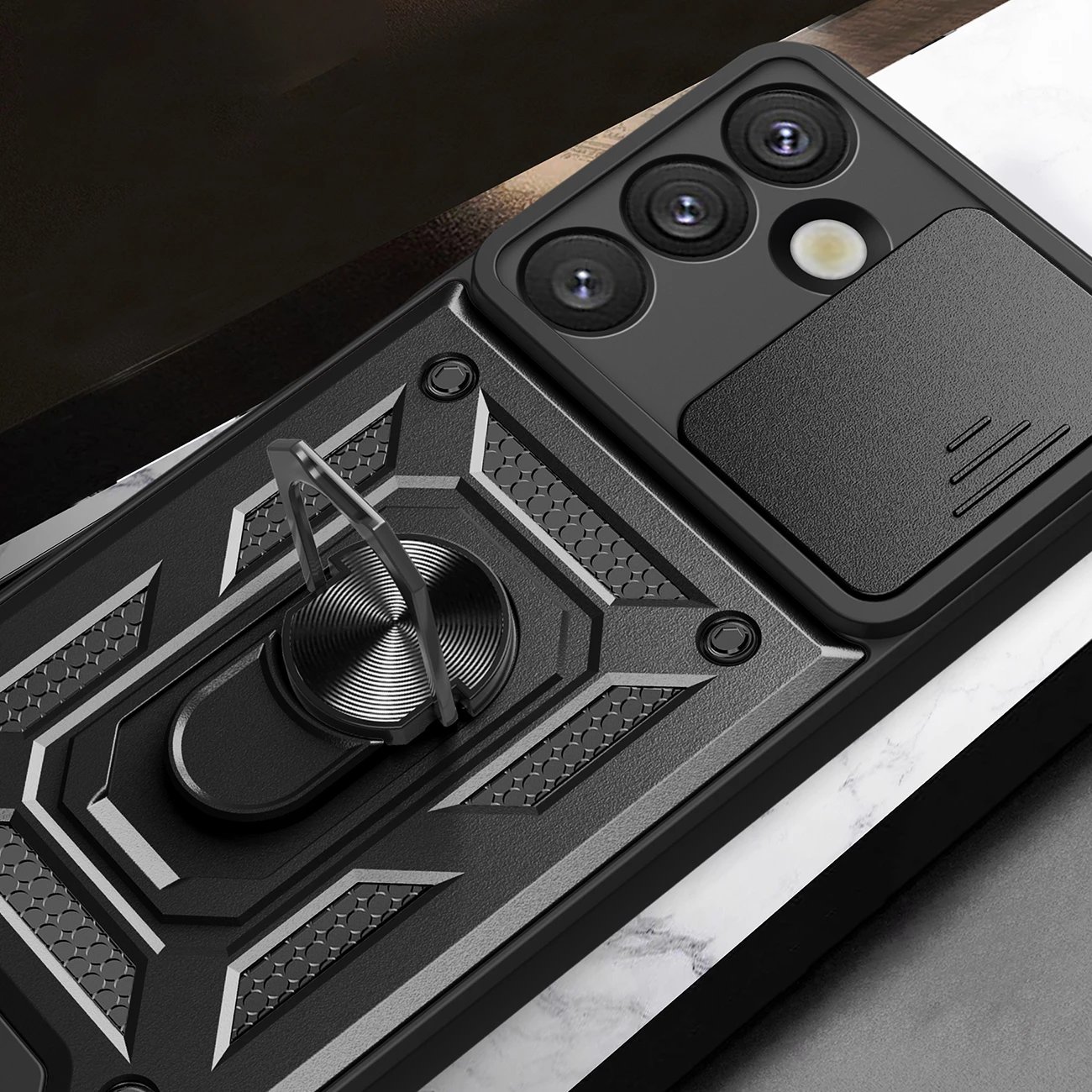 Mbështjellës Hurtel Hybrid Armor Camshield me stand dhe mbulesë kamere për Samsung Galaxy S25 Edge, zi