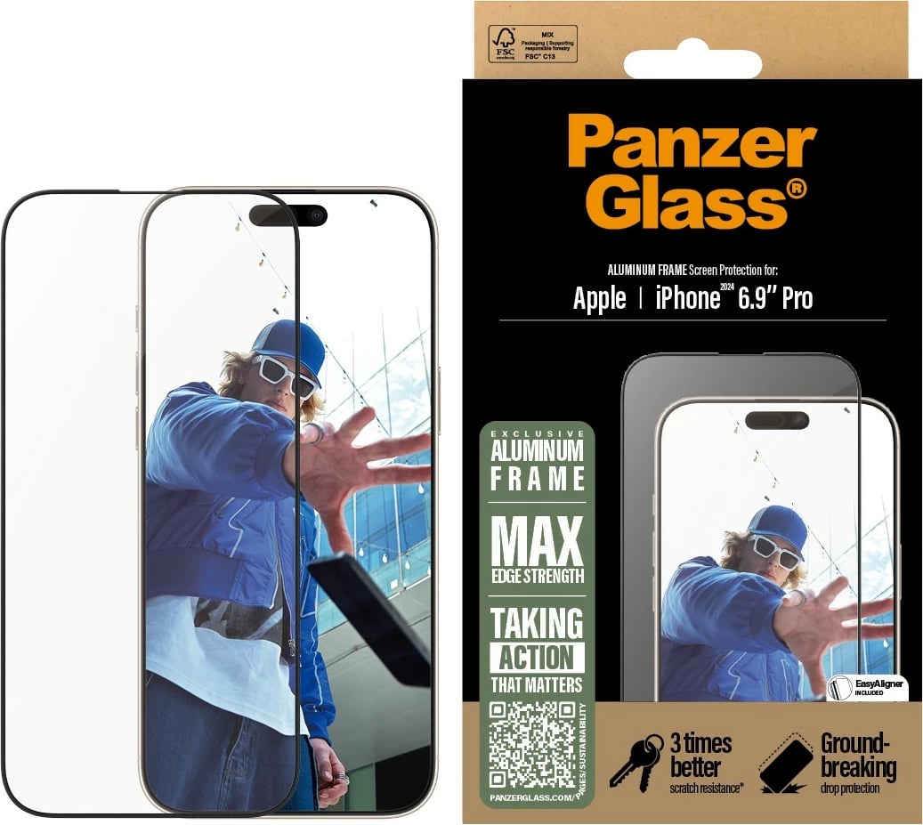 Mbrojtës ekrani PanzerGlass për iPhone 16 Pro Max, kornizë alumini