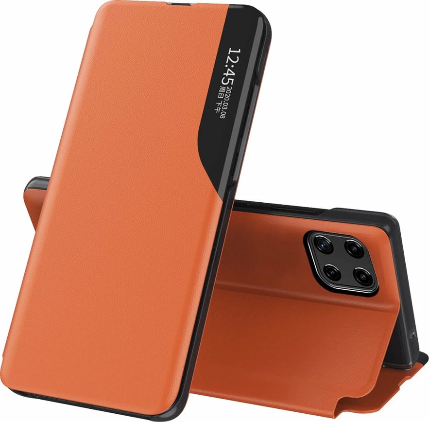 Mbështjellës Hurtel Eco Leather View Case për Samsung Galaxy A22 4G, me kapak dhe qëndrim, portokalli