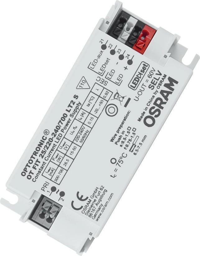 Driver LED OSRAM OPTOTRONIC OT FIT 25/220-240/700 LT2 S, 300-700mA, 15-50V, i bardhë