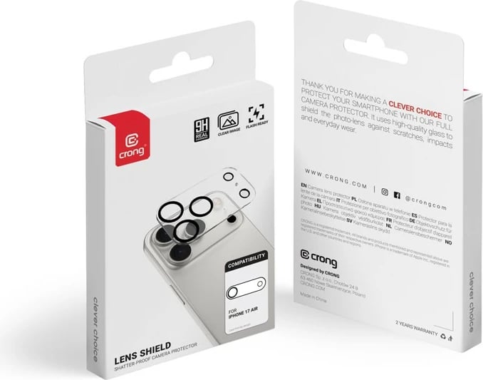 Xham i temperuar mbrojtës për kamerë, CRONG, CRGLSIP1766A, 9H, për iPhone 17 Air, transparent, set 1
