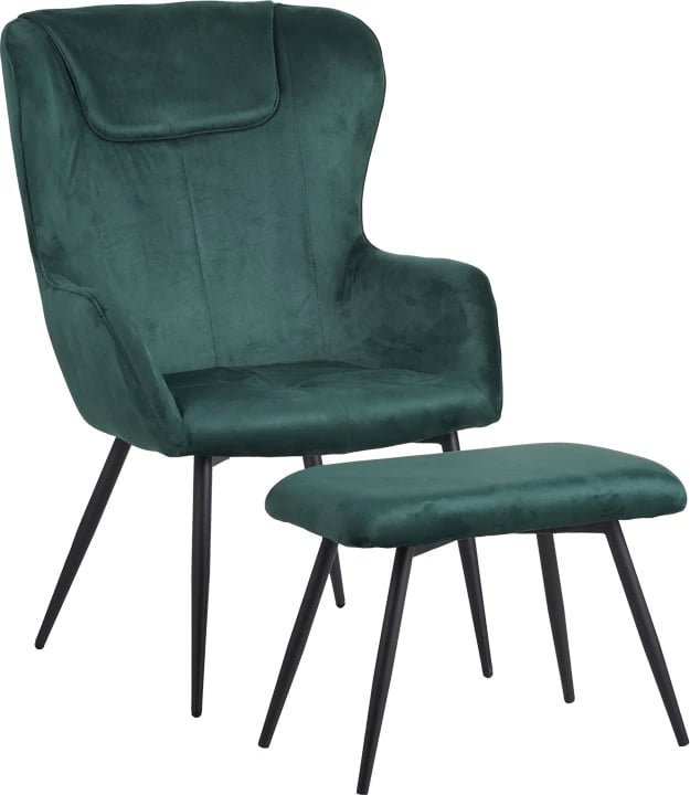 Fotelje me tabure Rueda kadife ngjyrë e gjelbër e errët me këmbë metalike të zeza 71.5x66.5x99cm