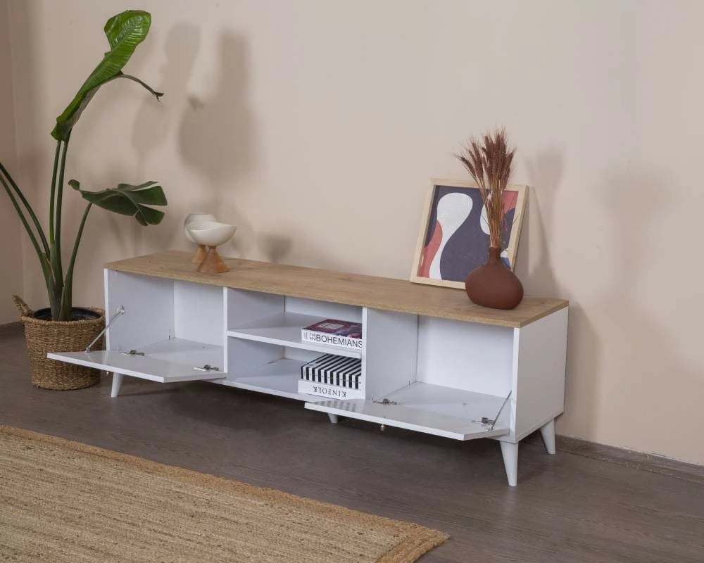 Komodë TV Skye Decor, montim, e bardhë, lis